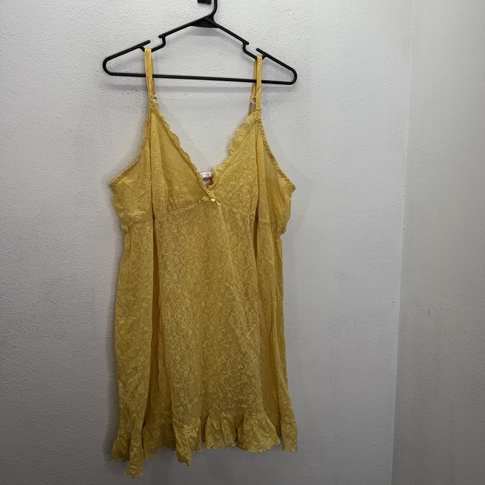Cacique Women's Plus Size 26/28 Slip Babydoll Lingerie Yellow Lace Coquette Mini